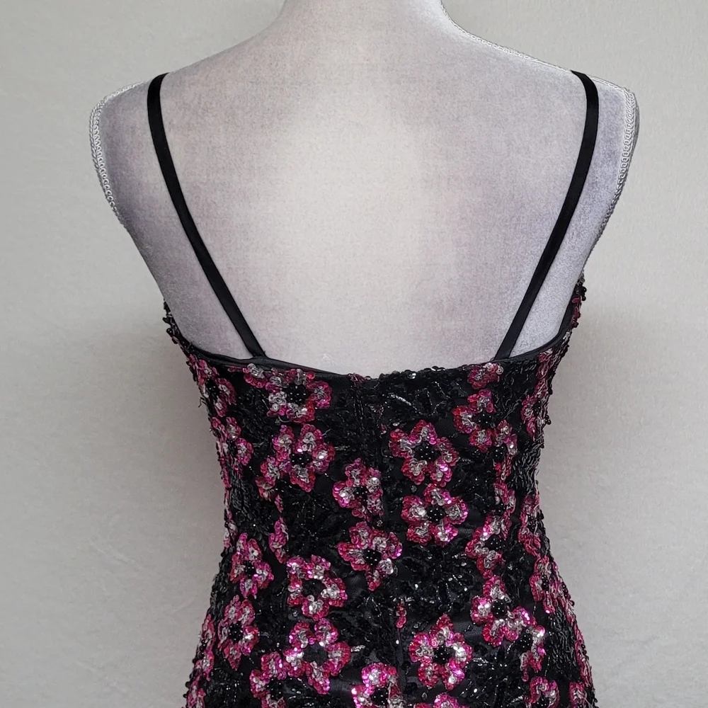 80s Vintage Alyce Designs Black Pink Sequin Floral Ruffle Bustier Mini Dress 6 - Picture 11 of 13